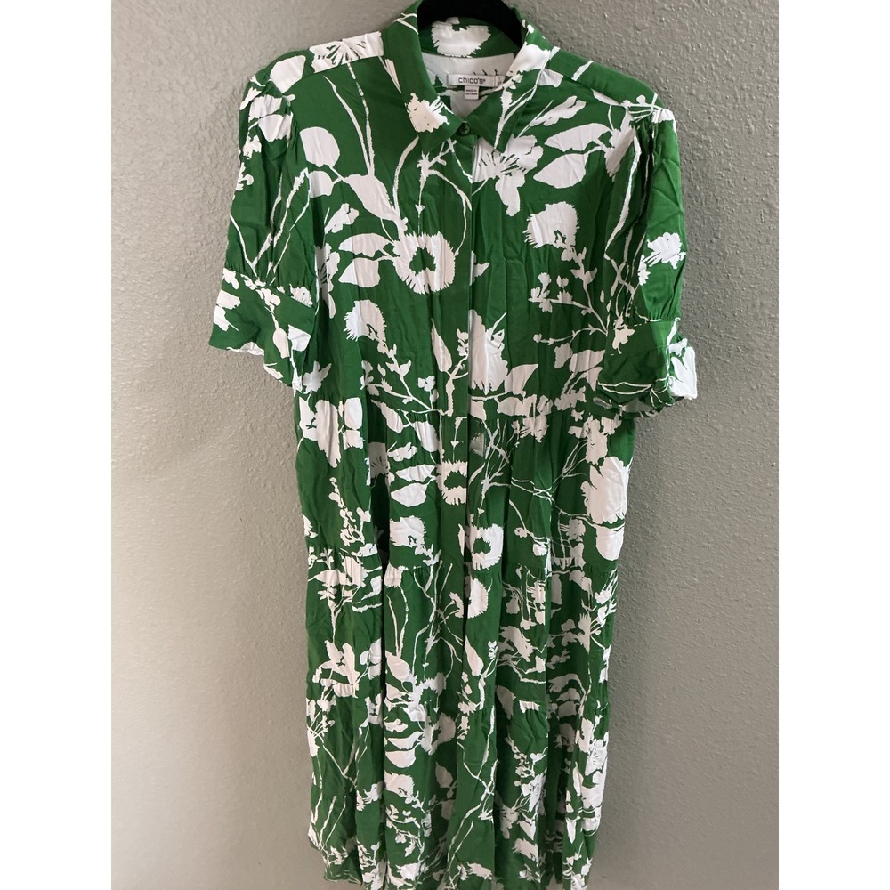 Chico's Tiered Midi Dress Womens 1 Green Exc Floral Button Front Silk Blend